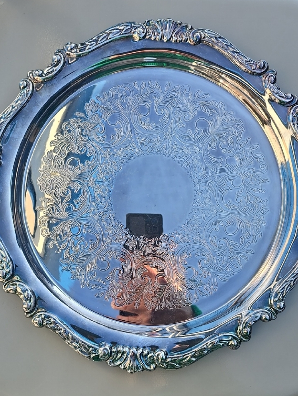 Ornate Silver Decorative Serving Tray - Engraved Scroll Design
